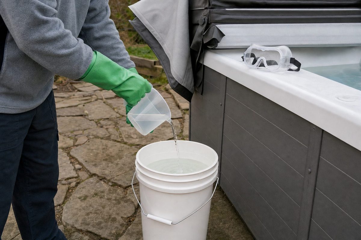 Gloved hands carefully pouring pH reducer from a measuring jug into a bucket of water beside a hot tub, with safety goggles on the side