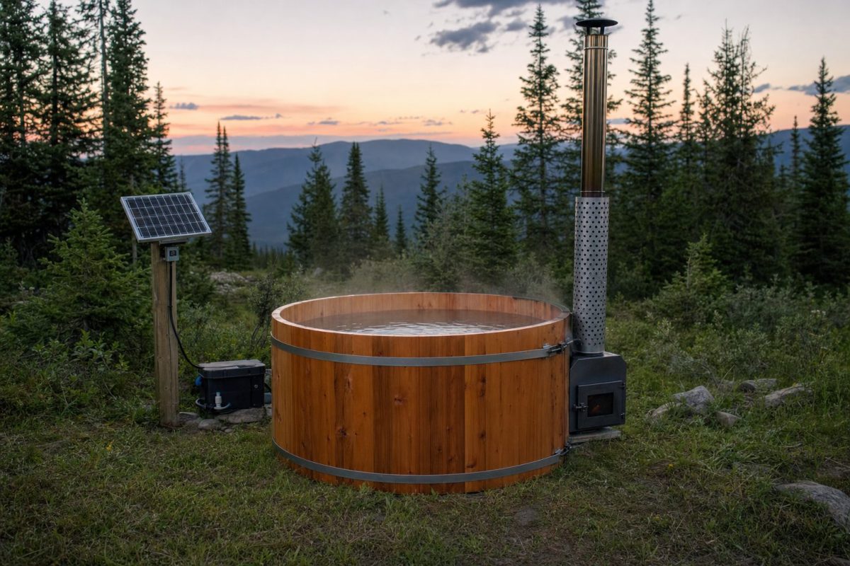 Wood-fired hot tub with a small solar panel and filter box in a remote woodland clearing