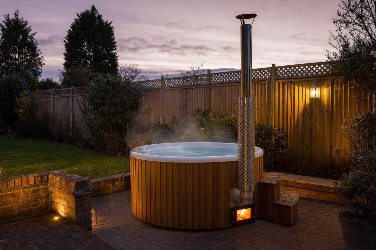 Wood-fired hot tub with a stainless steel chimney in a garden at dusk