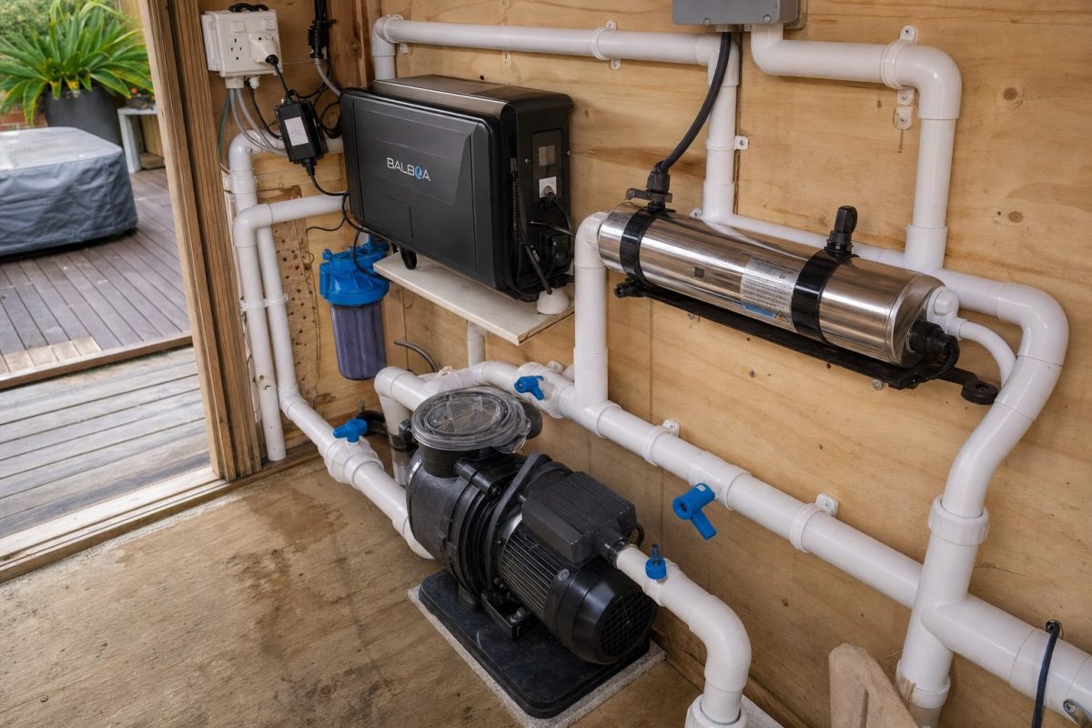 Hot tub equipment bay with a UV-C steriliser fitted in the circulation pipework next to the spa pack
