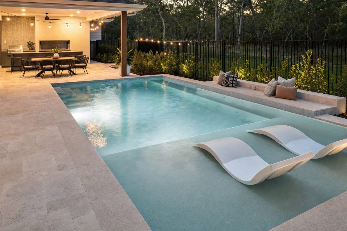 Large shallow backyard party pool with a sun shelf, built-in benches and loungers