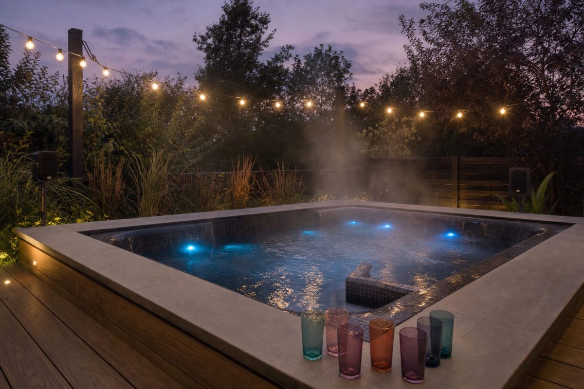 Large tiled in-ground party spa hot tub with bench seating for a group and LED lighting at dusk