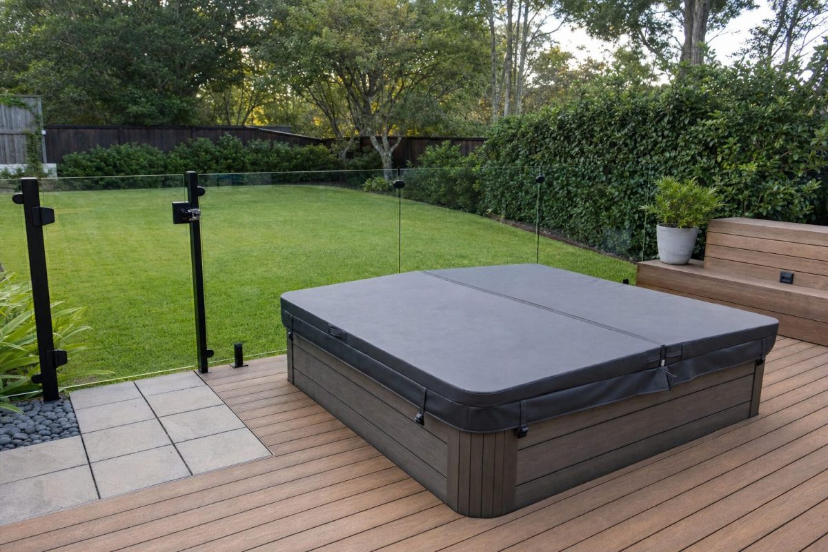 Garden hot tub on a timber deck with a safety fence and a self-latching gate