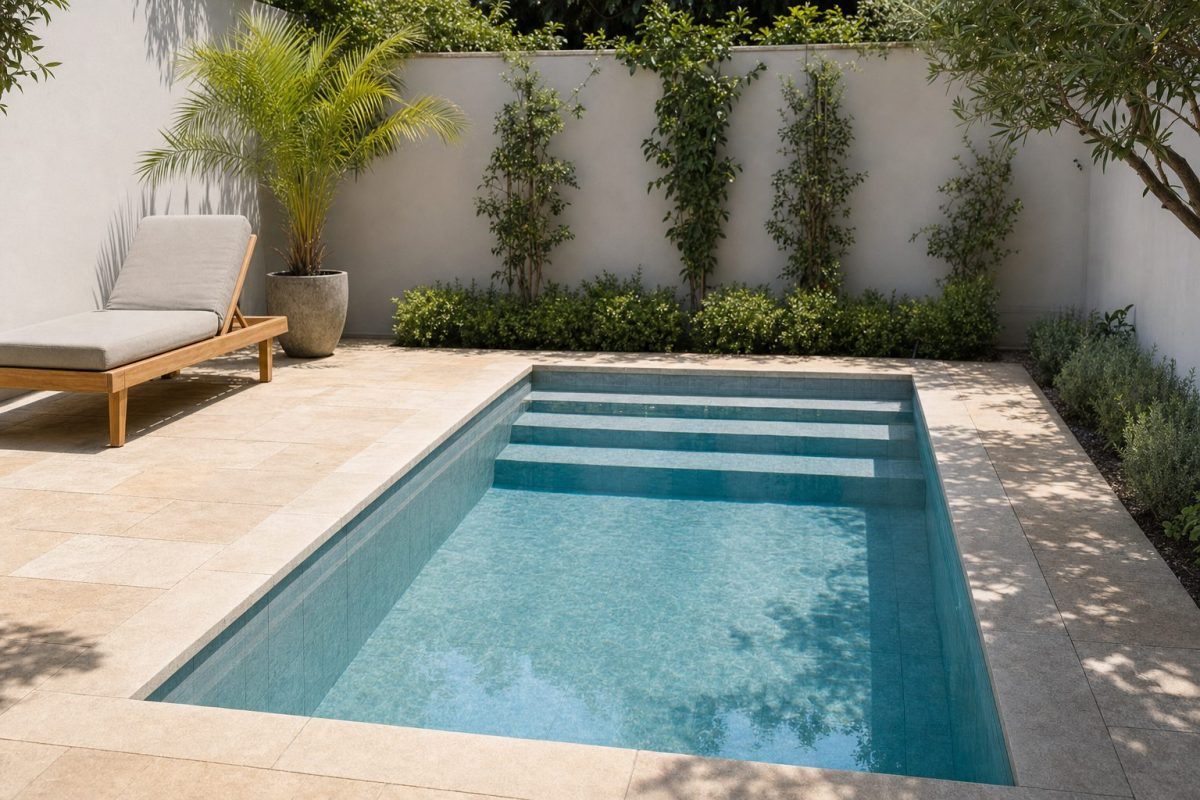 Small tiled in-ground plunge pool with steps in a back garden