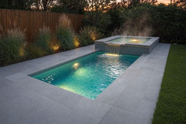 A plunge pool hot tub combo with a raised tiled hot tub spilling into a turquoise plunge pool at dusk, surrounded by grey paving
