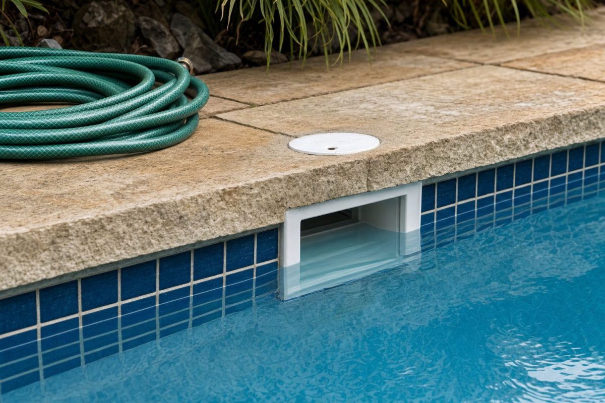 Pool skimmer and coping with an automatic water leveller lid set into the paving
