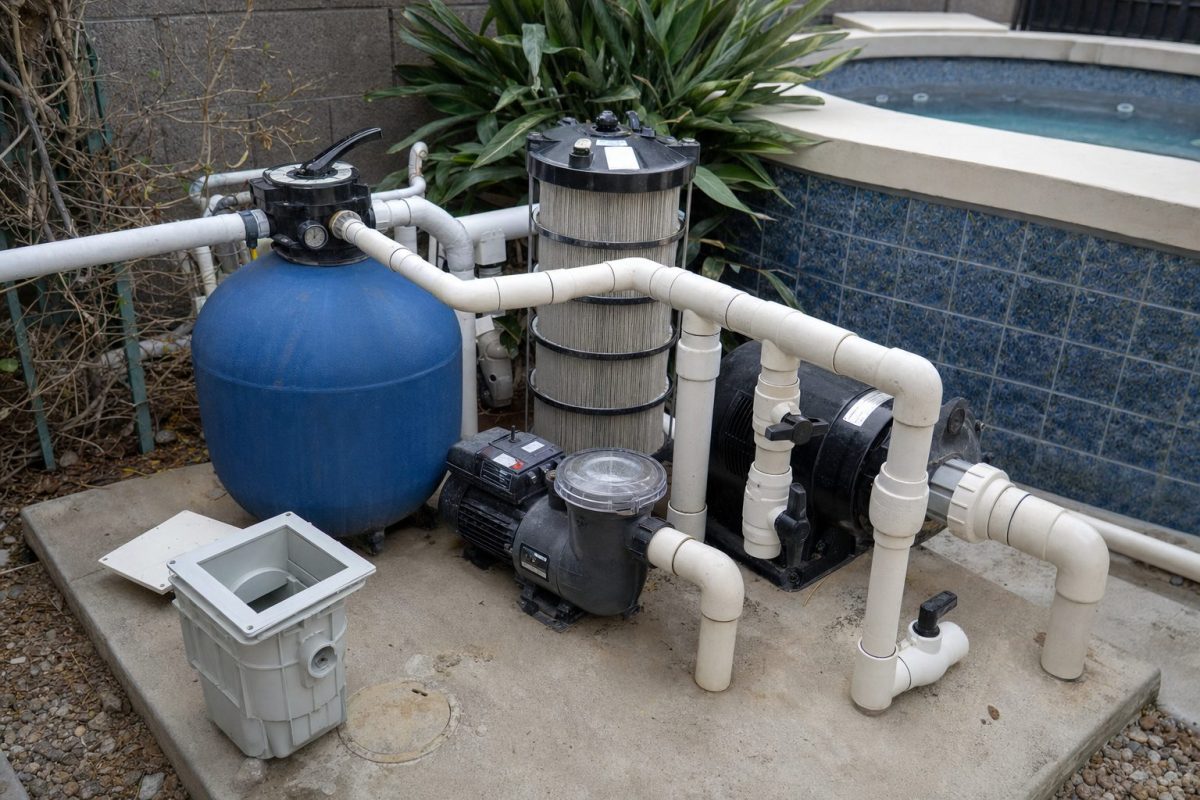 Pool and hot tub equipment side by side, including a sand filter, a cartridge filter, pumps and a skimmer