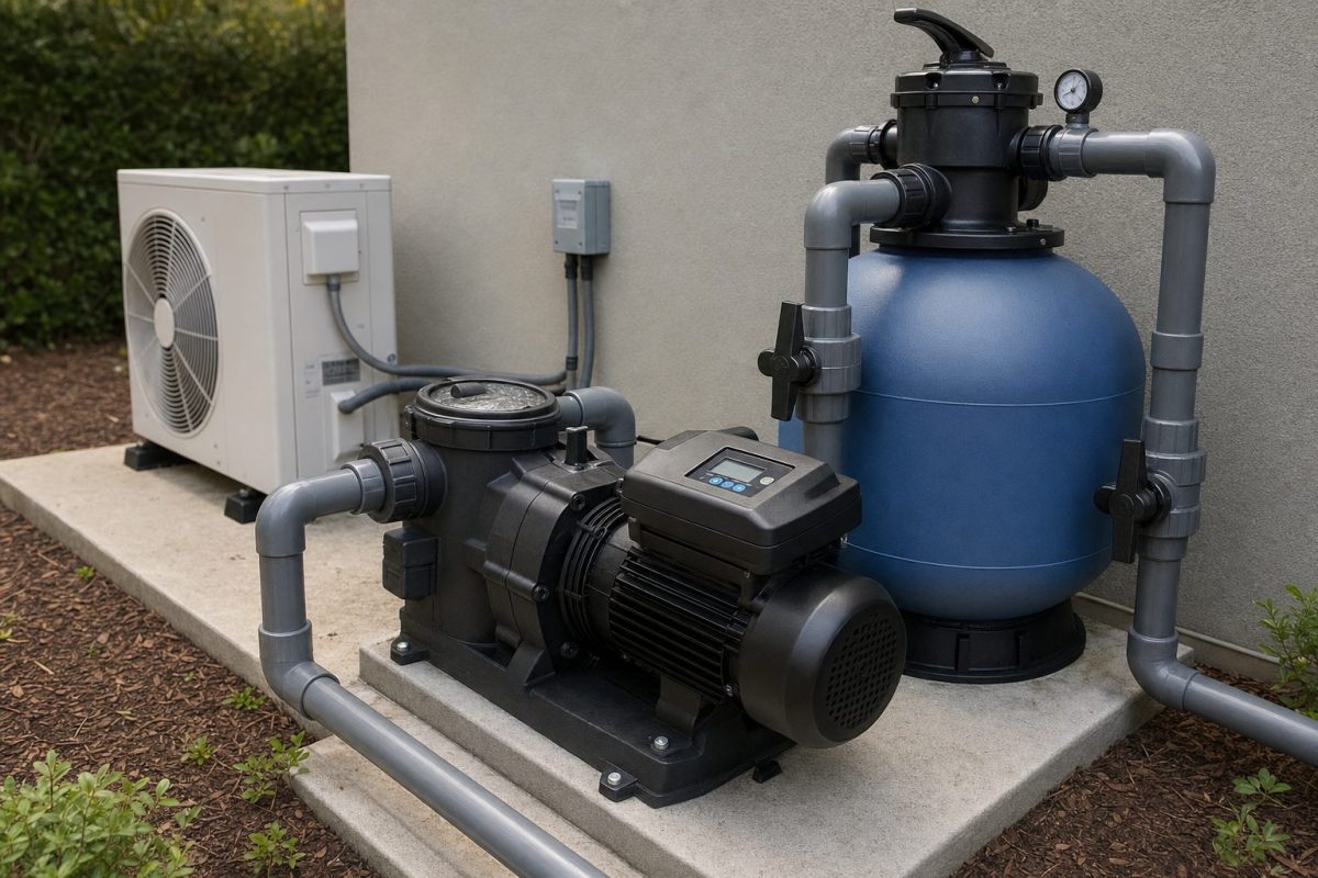Variable speed pool pump with a digital control panel plumbed to a sand filter on a pool equipment pad
