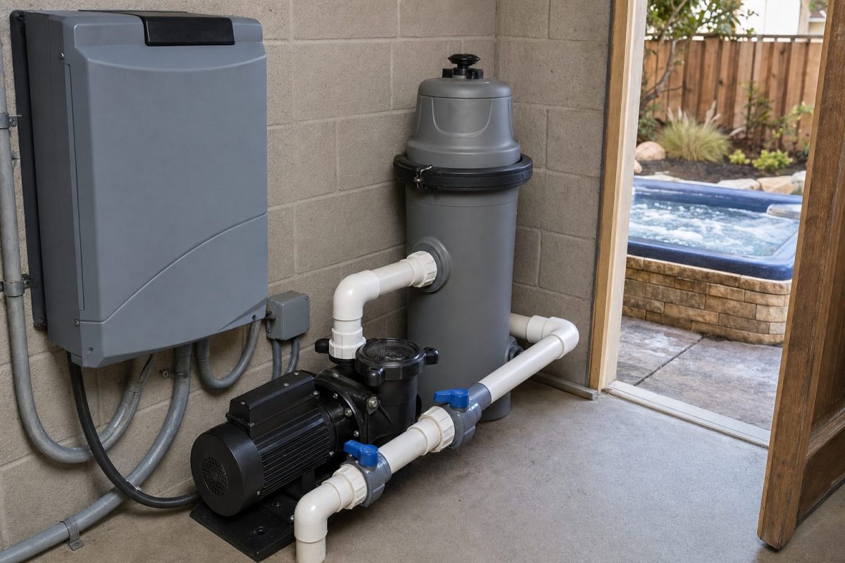 Hot tub control room with an ACC spa pack, jet pump, gate valves and PVC pipework