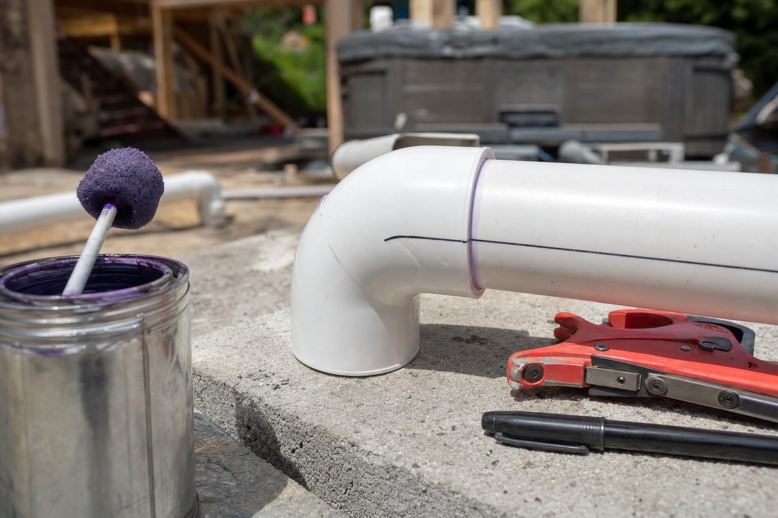 Close-up of a freshly solvent-welded white PVC elbow joint on 2 inch hot tub pipe with purple primer visible around the socket