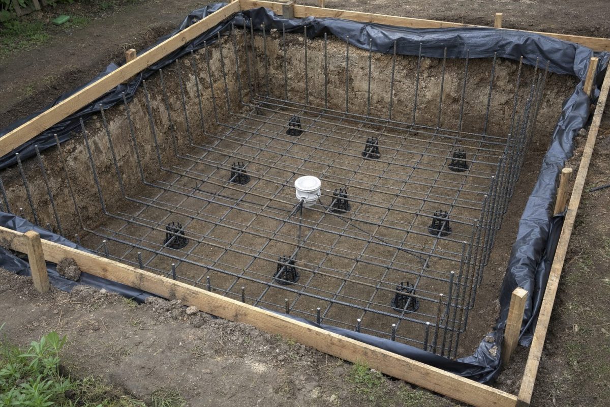Tied steel rebar grid on chairs in the base of an in-ground hot tub excavation, with starter bars for the walls