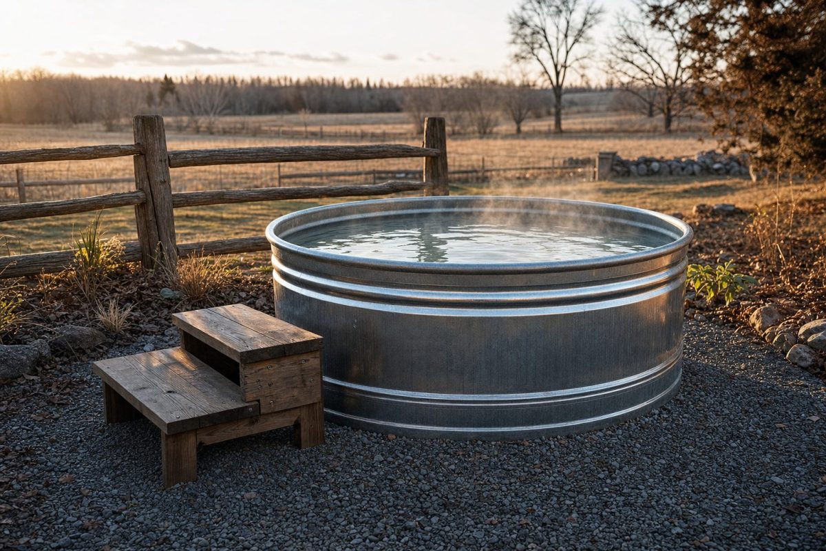 Round galvanised stock tank hot tub on a gravel pad in a rural backyard with a wooden fence behind