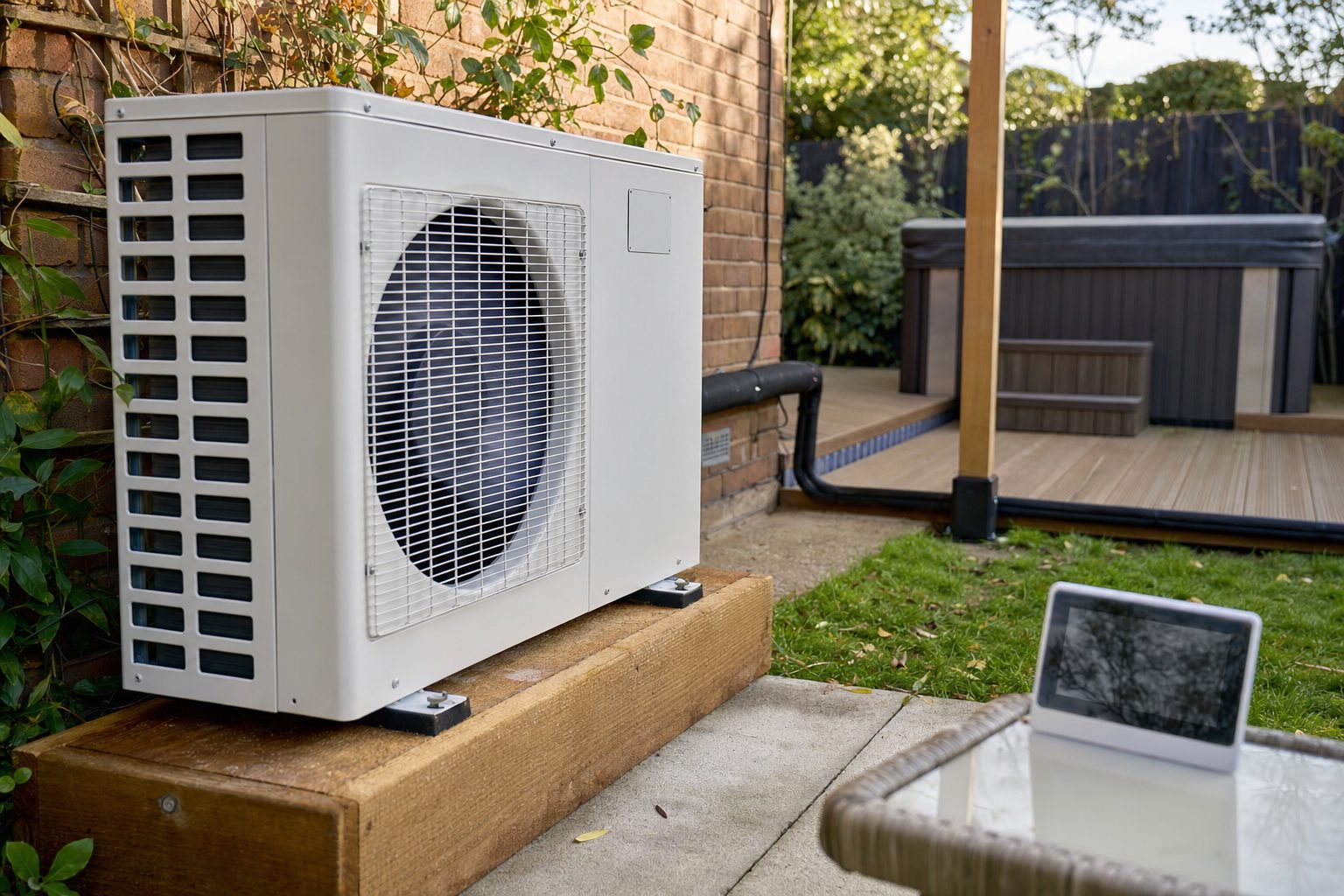 Air source heat pump beside a cedar-decked hot tub with a smart energy display in the foreground