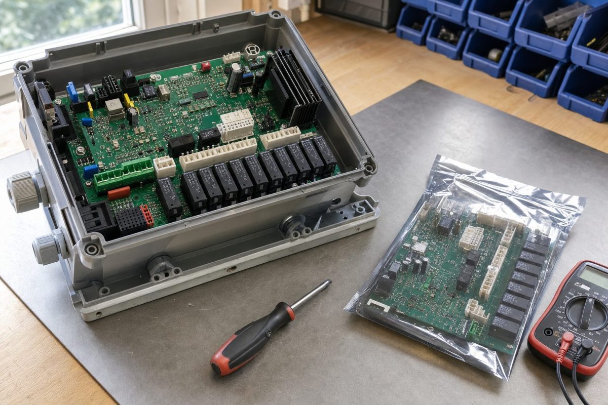 Open hot tub spa pack with its circuit board exposed, next to a replacement board and a multimeter