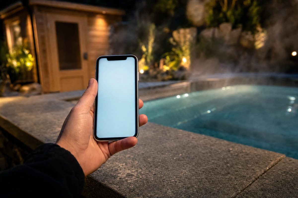 Smartphone held beside a steaming in-ground hot tub at dusk, ready to control the tub by app
