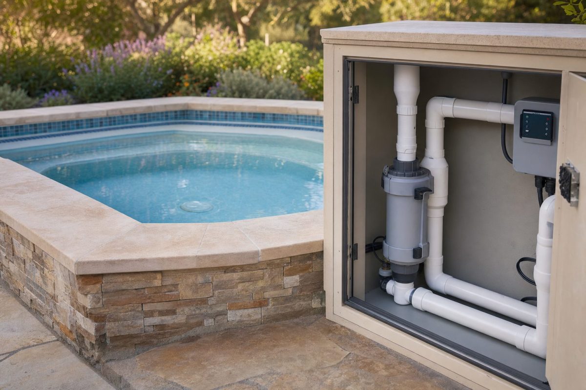 Clear, calm water in a garden hot tub with a salt water chlorinator cell fitted in the plumbing