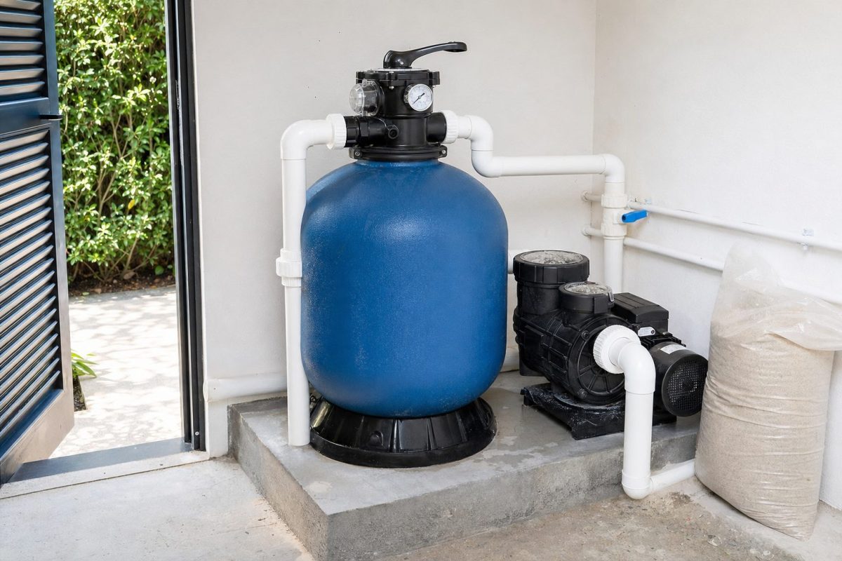 Swimming pool sand filter with a top-mounted multiport valve and pressure gauge in a plant room