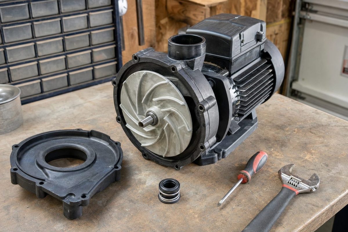 Hot tub pump removed from its unions with the wet end and motor visible on a workbench