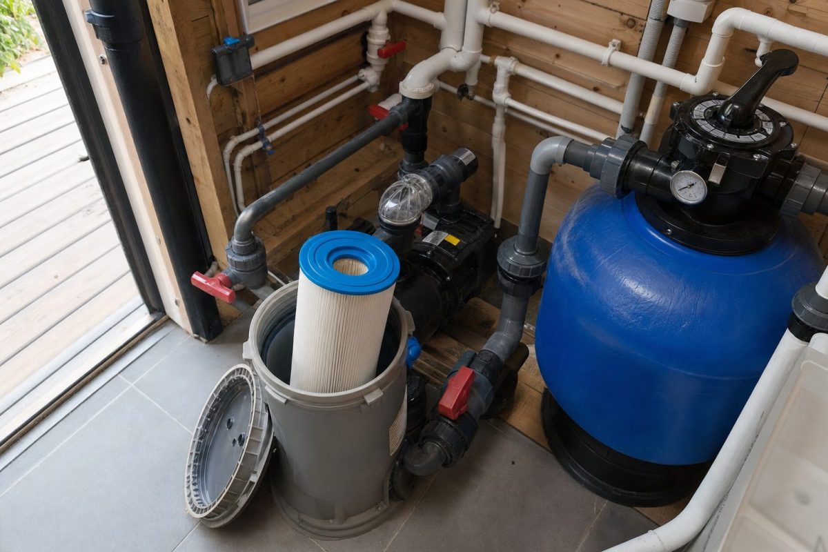 Pleated cartridge filter and a sand filter tank side by side in a hot tub control room