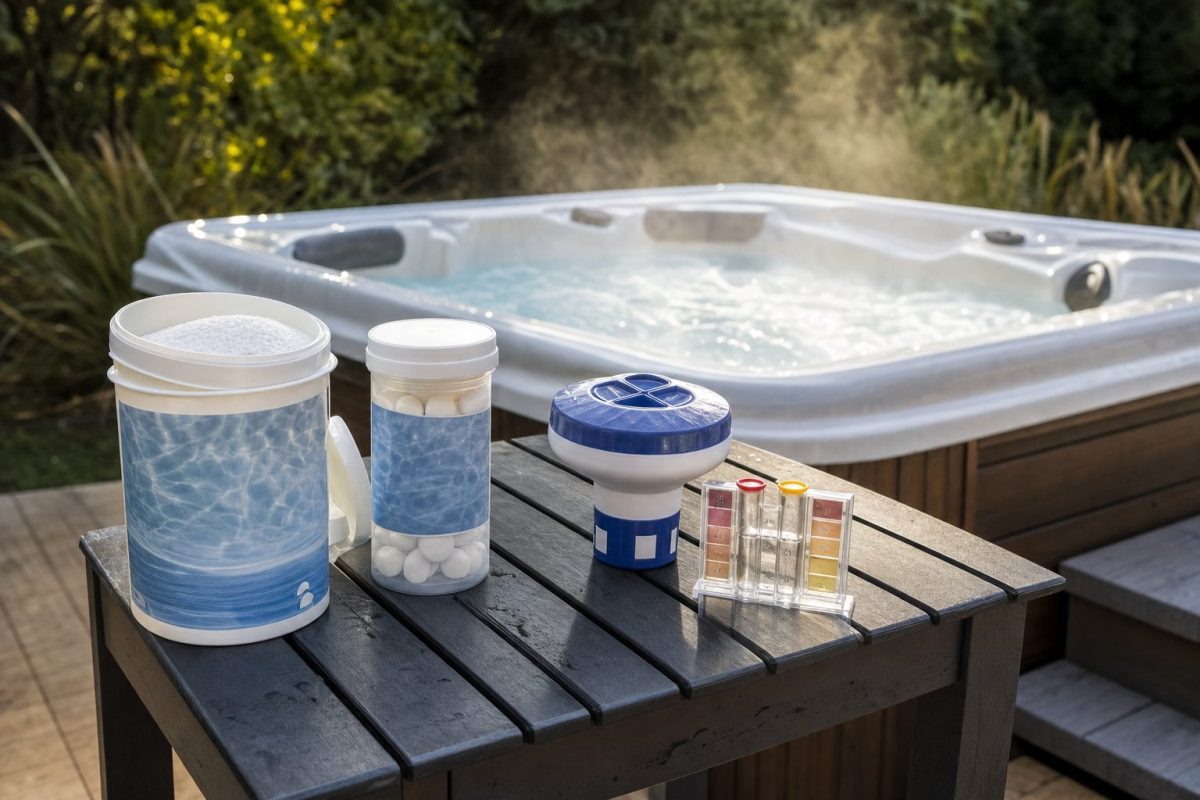 Chlorine granules, bromine tablets, a floating dispenser and a test kit beside a garden hot tub