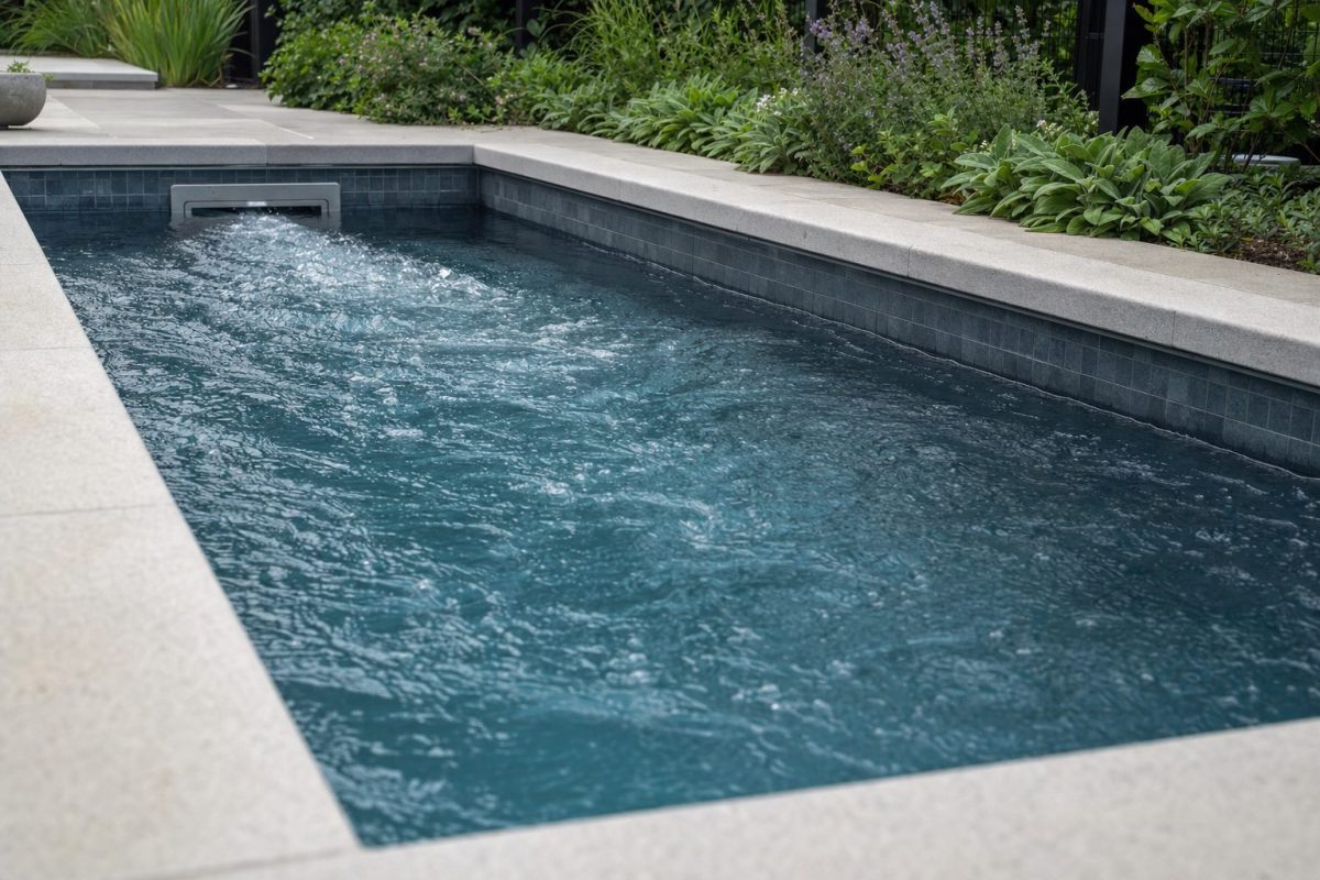 Swim jet faceplate set into the wall of a small tiled pool with a current flowing across the water