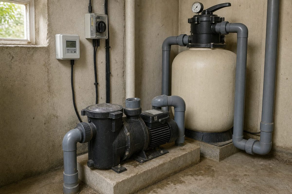 Pool pump running on an equipment pad with an electricity meter and pipework in a pool plant room