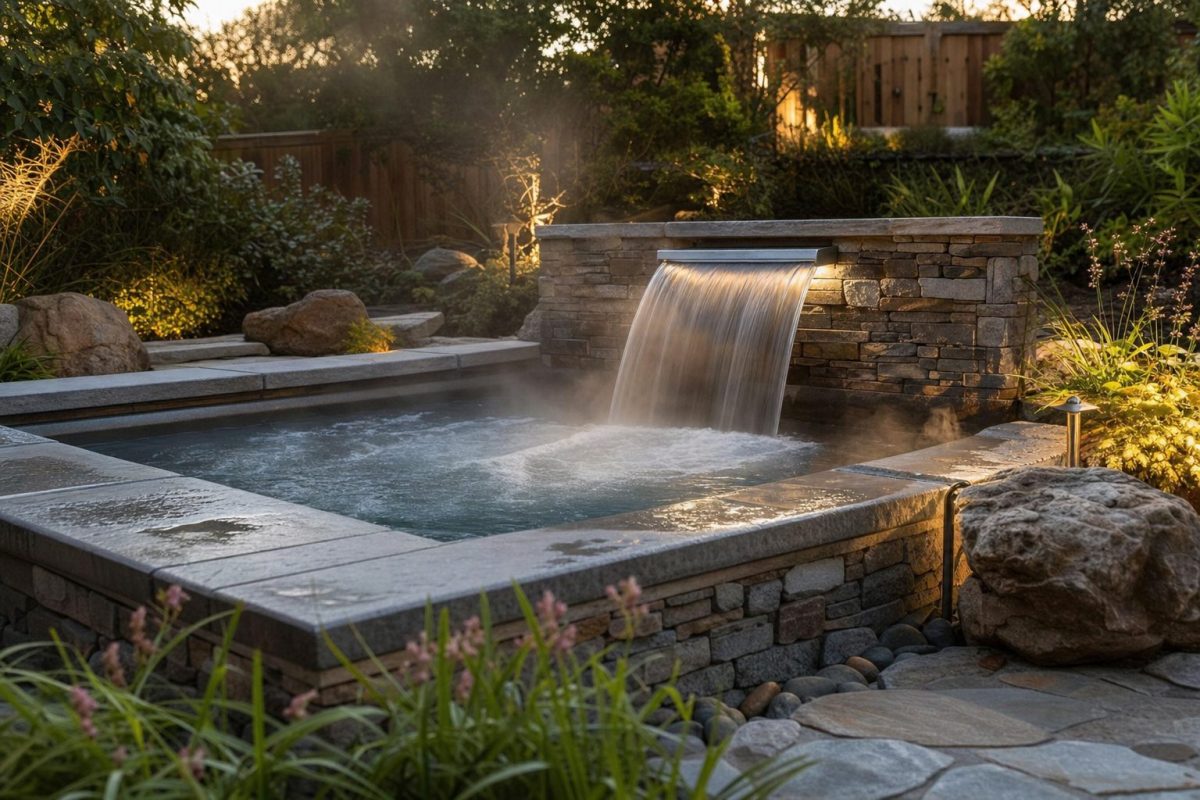 Stainless steel waterfall spout pouring into a stone hot tub in a landscaped garden