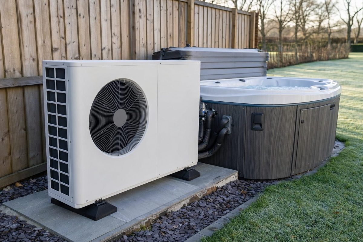 Air source heat pump installed beside a garden hot tub with insulated pipework