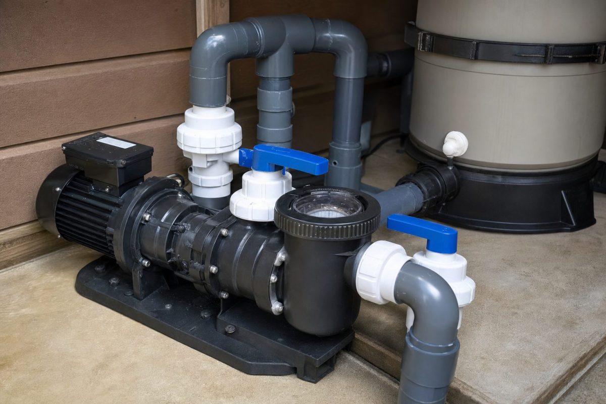 Hot tub pump with wet end, motor, unions and gate valves in an equipment bay