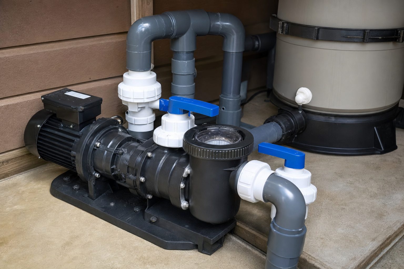 Hot tub pump with wet end, motor, unions and gate valves in an equipment bay