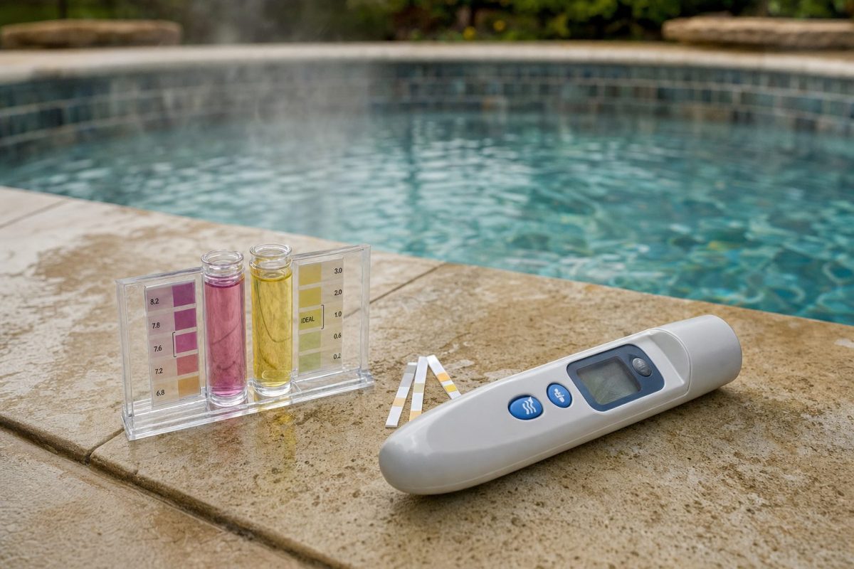 Hot tub water test kit and test strips on the tiled edge of a clear, blue hot tub