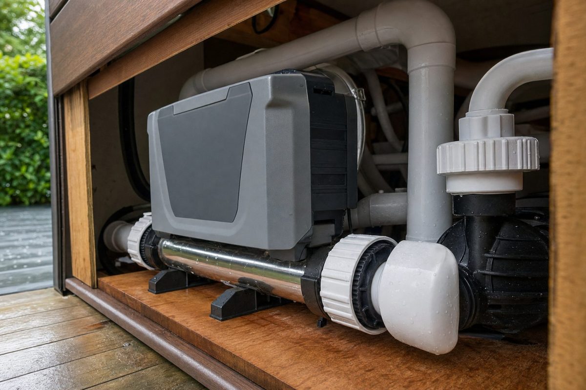 Hot tub spa pack with stainless steel heater tube and plumbing inside an equipment cabinet