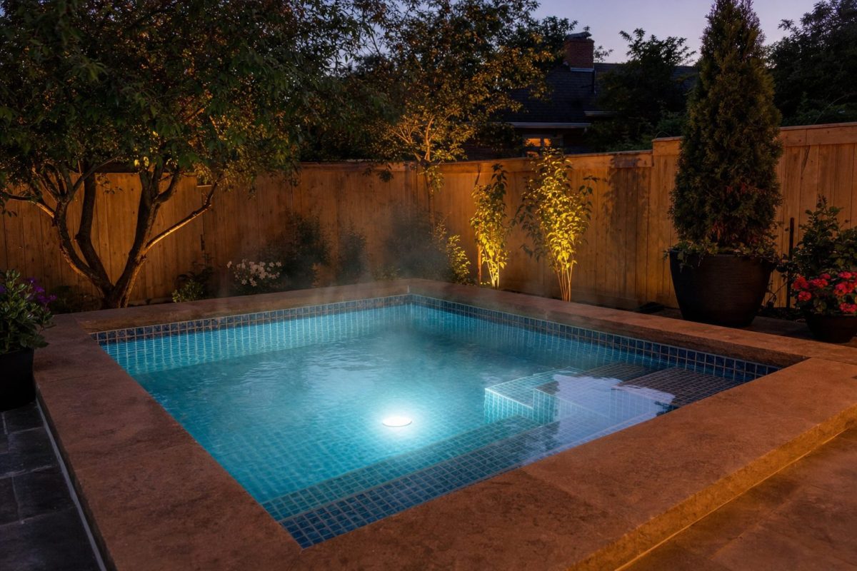 Tiled DIY hot tub glowing blue at dusk from a slim underwater LED light
