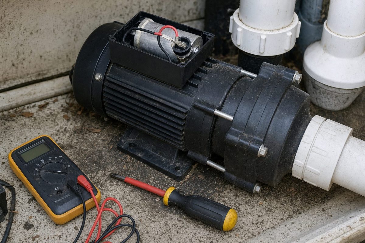 Hot tub pump motor with the capacitor cover removed, showing the run capacitor and wiring