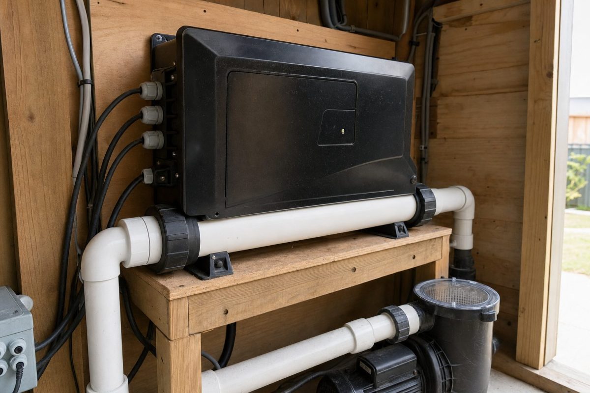 Hot tub spa pack control box with heater tube mounted in a DIY hot tub control room