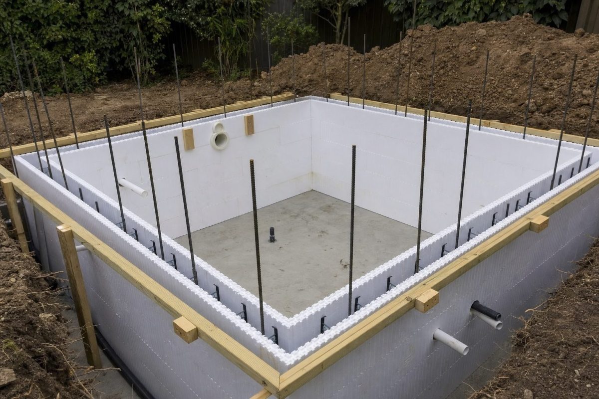Insulated concrete form blocks stacked to form the walls of an in-ground hot tub, with steel rebar in the cores and plumbing pipes through the walls