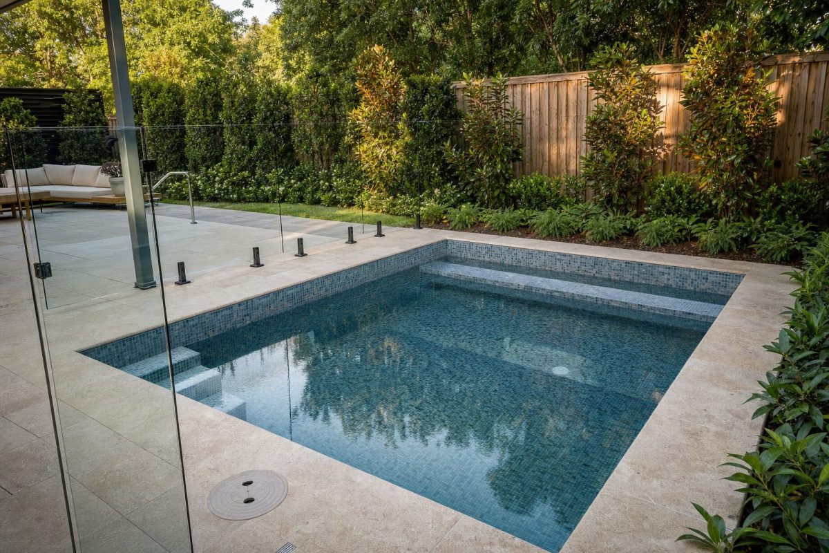 In-ground DIY plunge pool with mosaic tiles and stone coping in a back garden