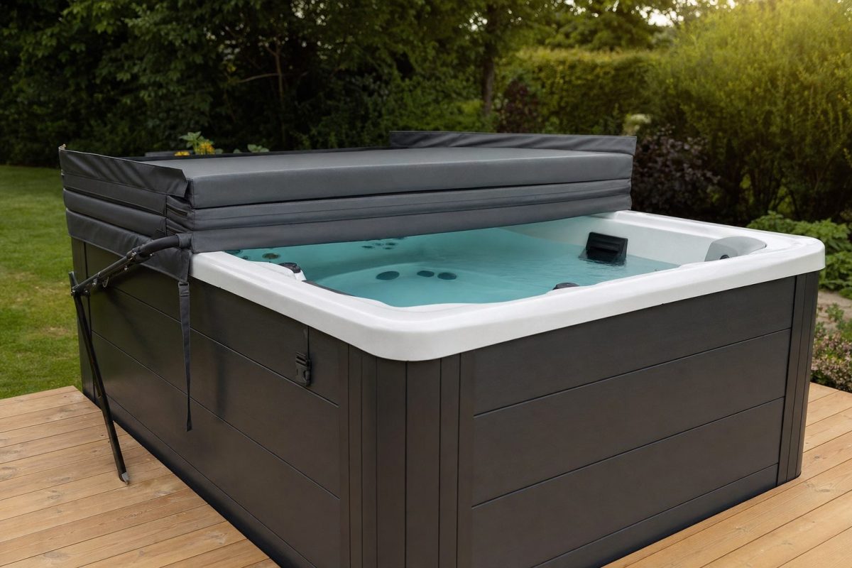 Hot tub with a tapered grey vinyl cover partly folded back on a cover lifter in a garden