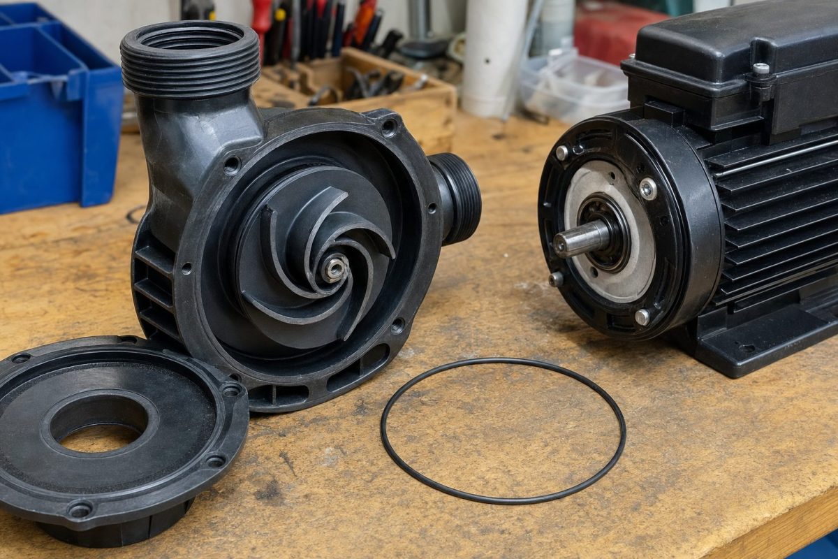 Hot tub pump wet end with the front cover off showing the impeller