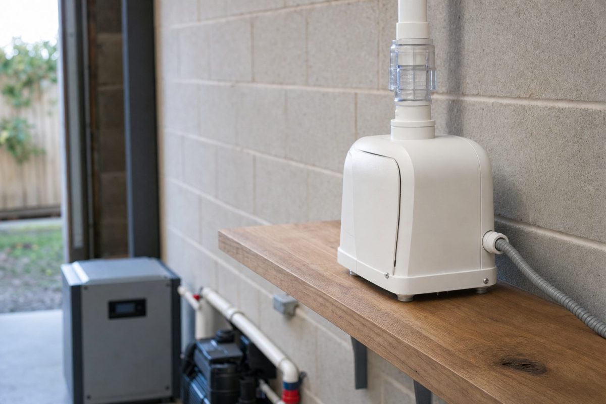 Hot tub air blower mounted on a shelf in a DIY hot tub control room with its PVC air line and check valve