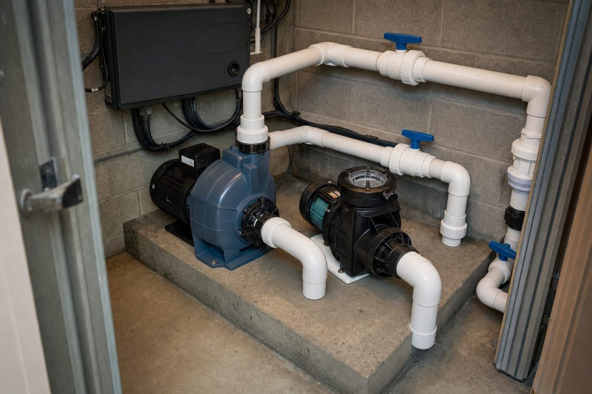 Hot tub control room with a centrifugal jet pump, a smaller self-priming pump and PVC pipework with ball valves