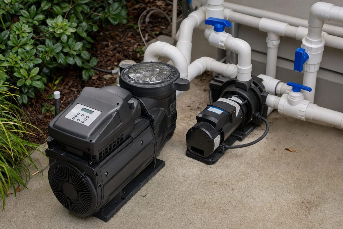 Variable speed pool pump with a digital control panel next to a dual-speed hot tub jet pump in an equipment room