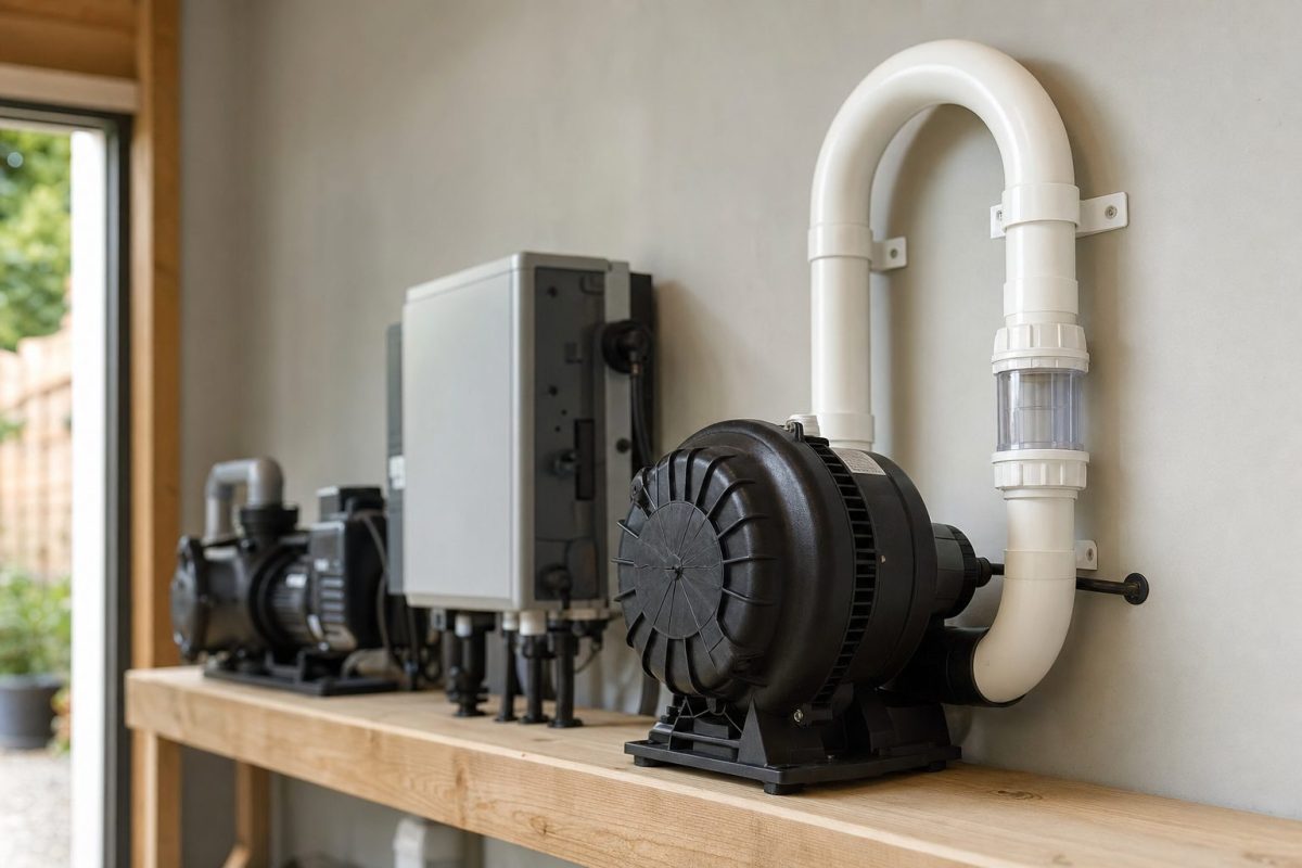Hot tub air blower mounted on a shelf in a control room with its air pipe rising in a loop
