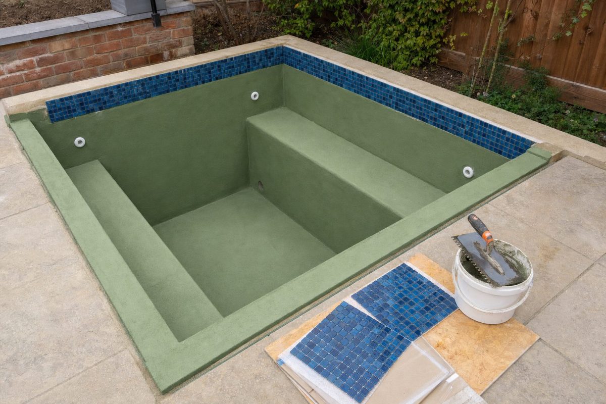 In-ground concrete hot tub shell coated in green waterproof membrane with blue mosaic tiles being fixed to the walls