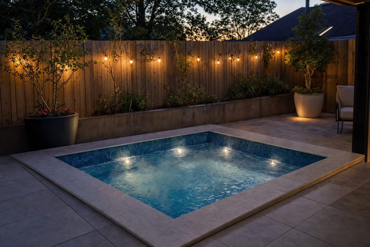 Tiled DIY in-ground hot tub with stone coping in a back garden at dusk