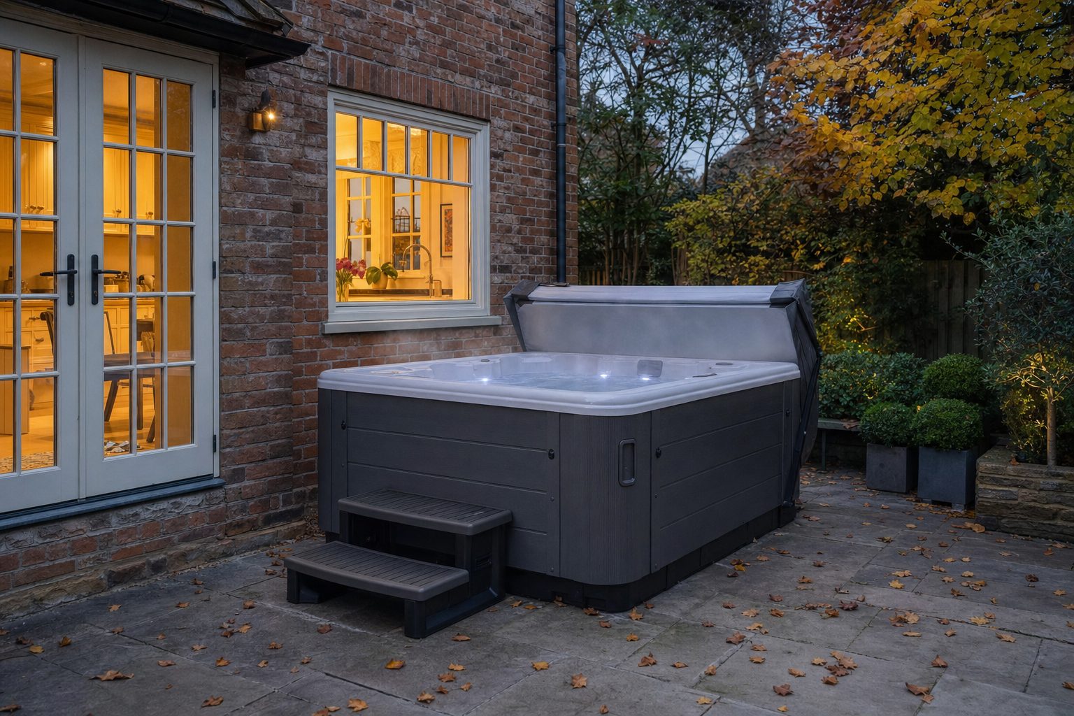 Covered hot tub on a garden patio next to a house on an autumn evening