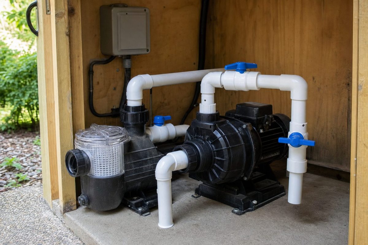 Above-ground hot tub equipment room with a self-priming pump with a clear strainer lid next to a centrifugal jet pump