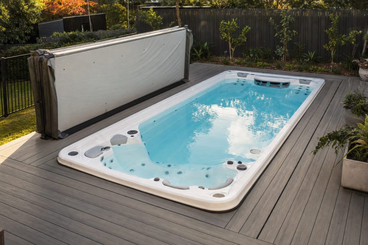 Acrylic swim spa set into a timber deck in a back garden, with the swim current area and seating visible