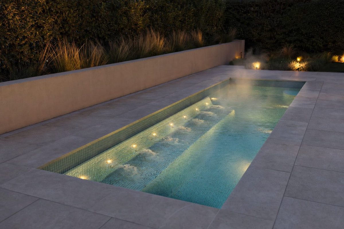 Tiled spool, a small heated pool with bench seating and jets, in a back garden