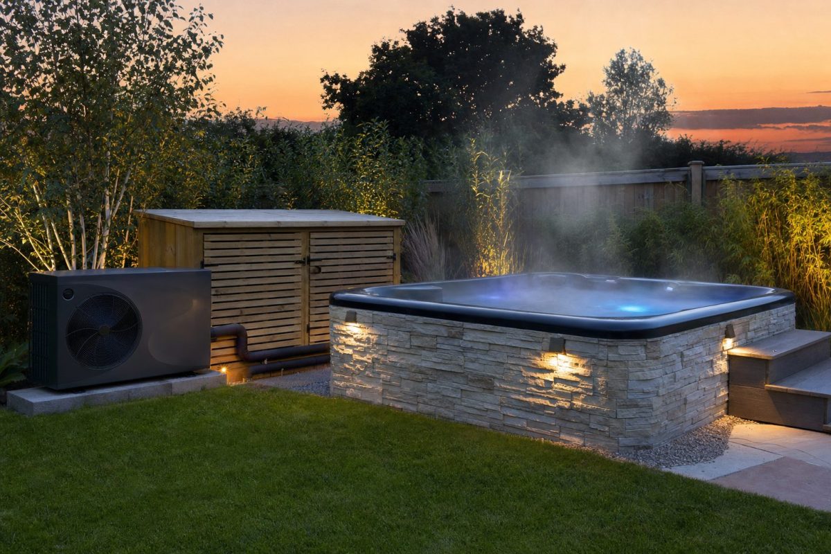 Steaming in-ground garden hot tub with an air source heat pump beside its equipment enclosure